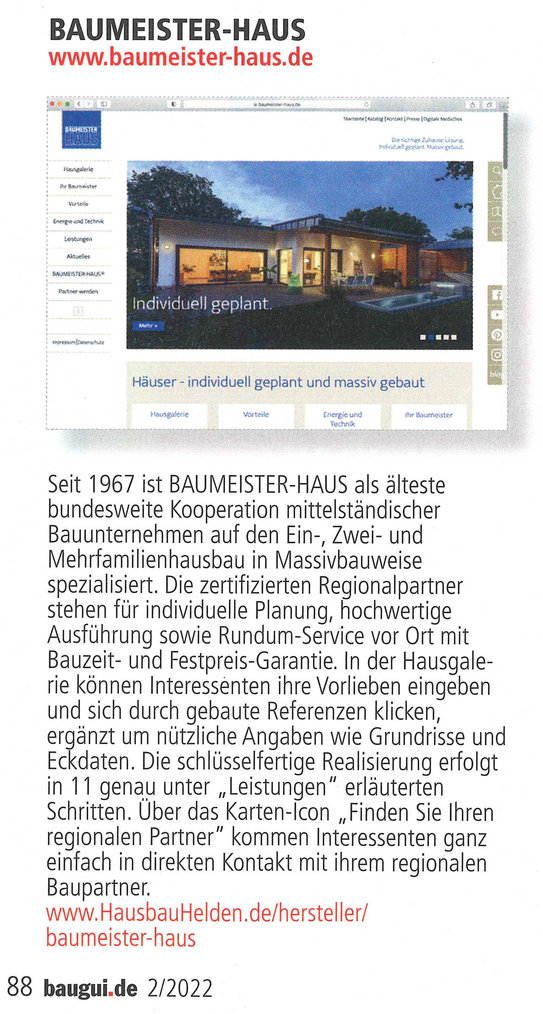 Screenshot eines Artikels von baugui.de - Tipp: www.baumeister-haus.de, bauen, 10/11, Oktober/November 2022