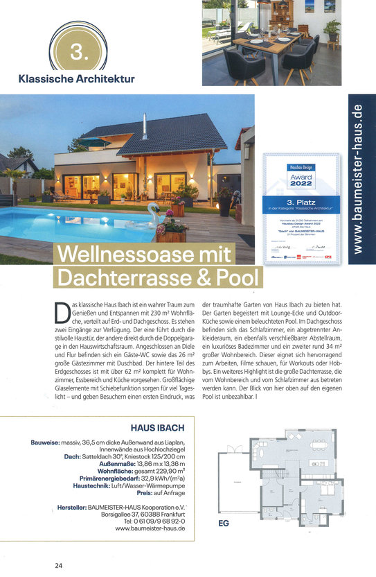 Das Haus Ibach im Einfamilienhäuser 2023 Hausbau Design Award 2022. Klassische Häuser. Wellnessoase mit Dachterrasse & Pool